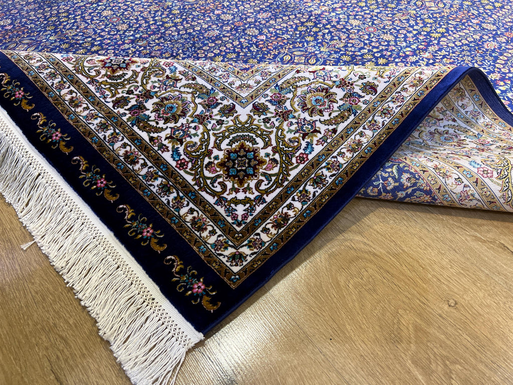 5x8 ft Navy Blue Silk Rug, Floral Border Design, Turkish Style Carpet, Luxury Rug