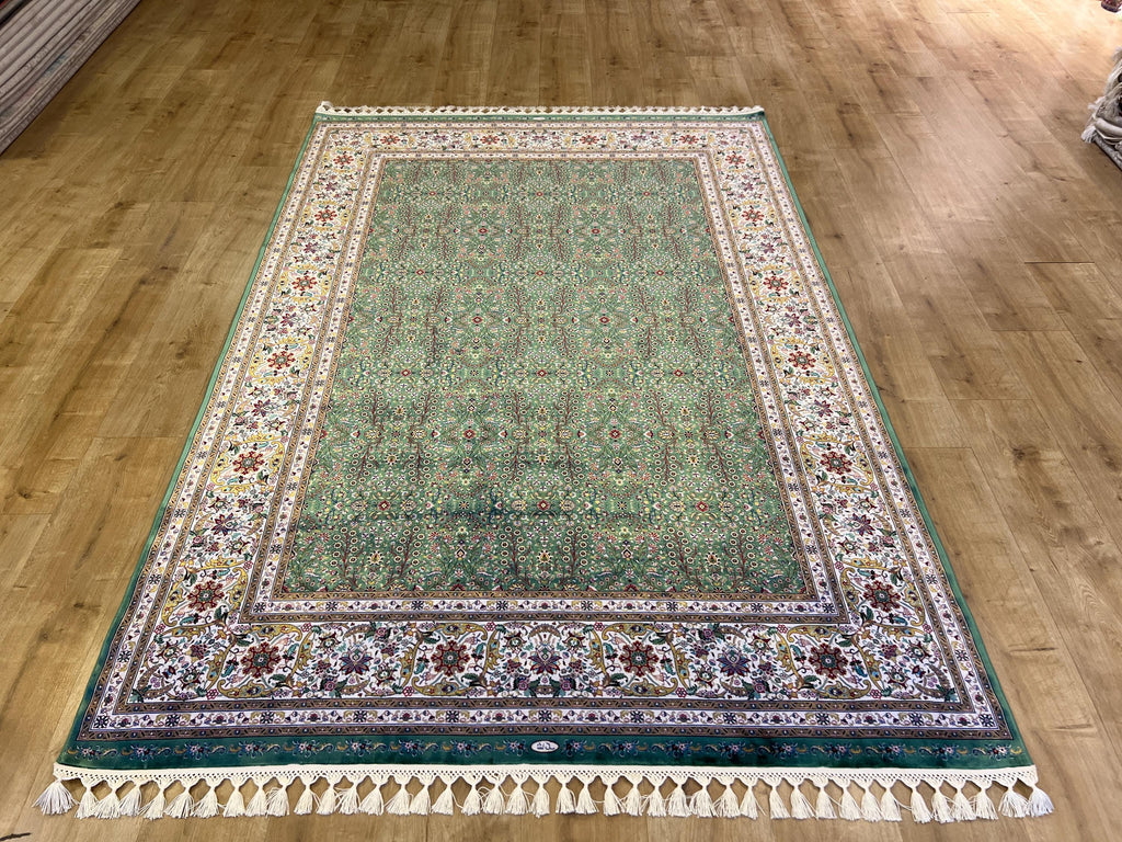Green Floral Silk Rug with Ivory Frame Classic Turkish Design