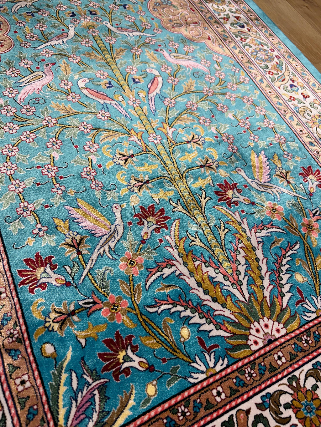 2.62x4.10 ft Blue Silk Prayer Rug, Floral and Bird Design Mat, Muslim Janamaz Mat