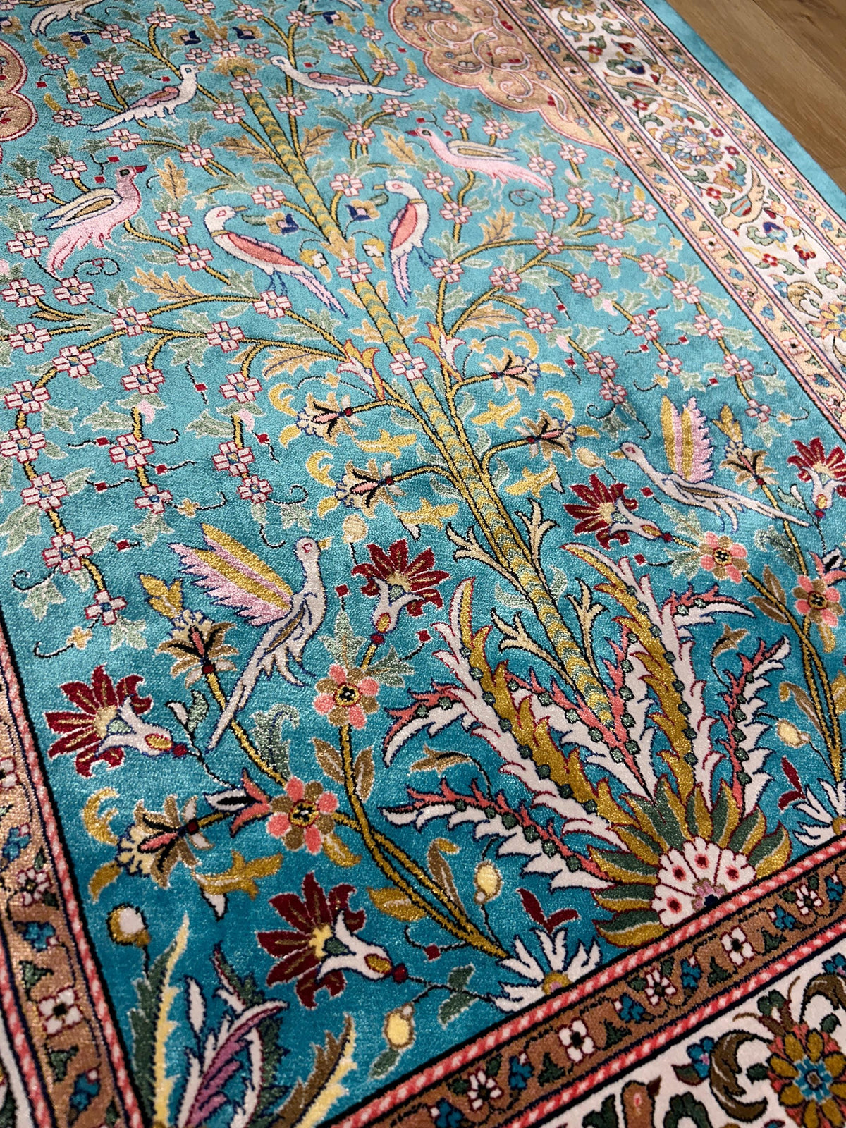 2.62x4.10 ft Blue Silk Prayer Rug, Floral and Bird Design Mat, Muslim Janamaz Mat