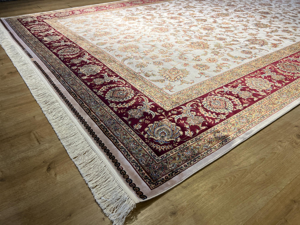8x11 ft Ivory Silk Bamboo Rug with Red Border and Gold Pattern, Classic Design