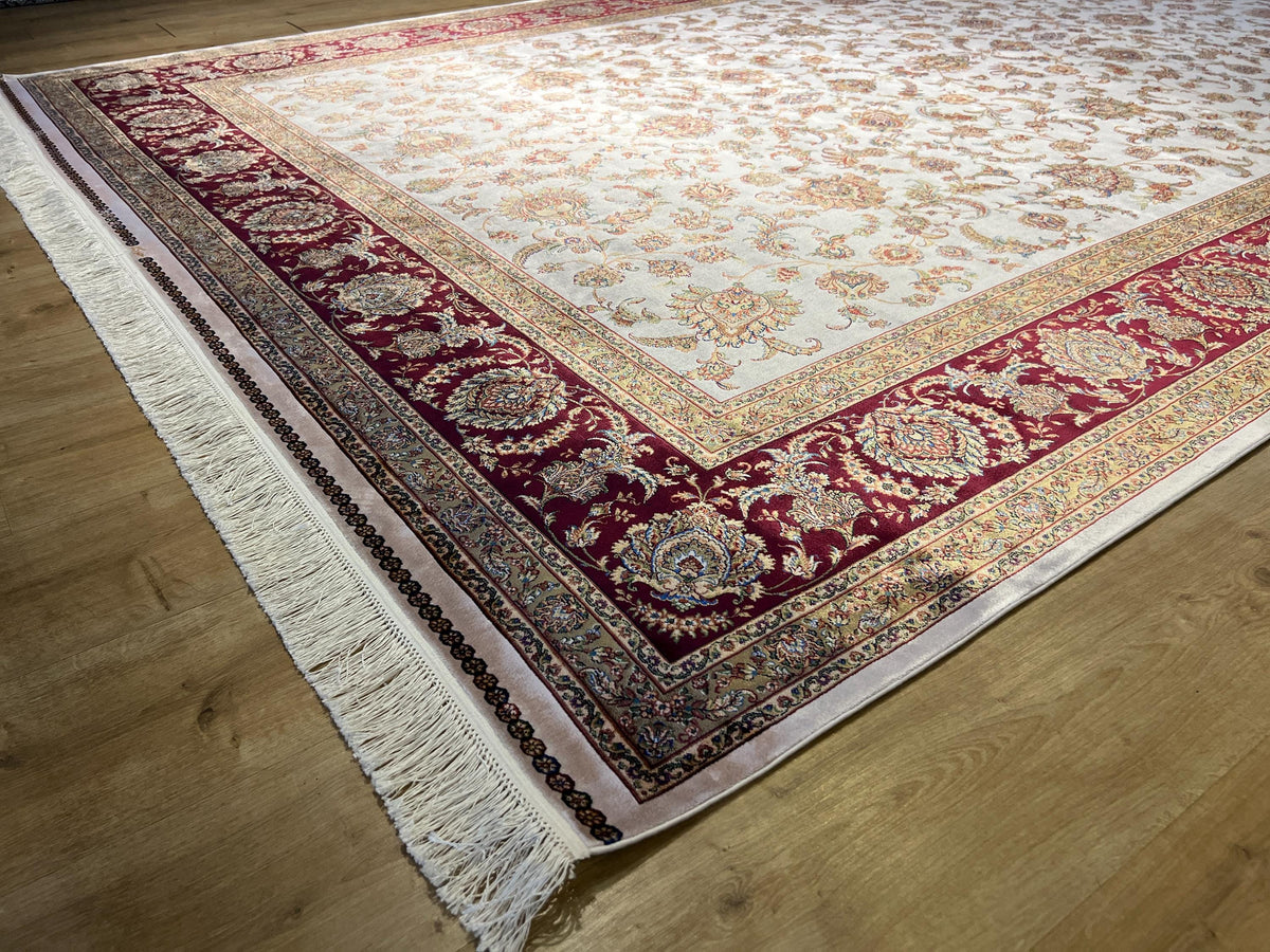 8x11 ft Ivory Silk Bamboo Rug with Red Border and Gold Pattern, Classic Design