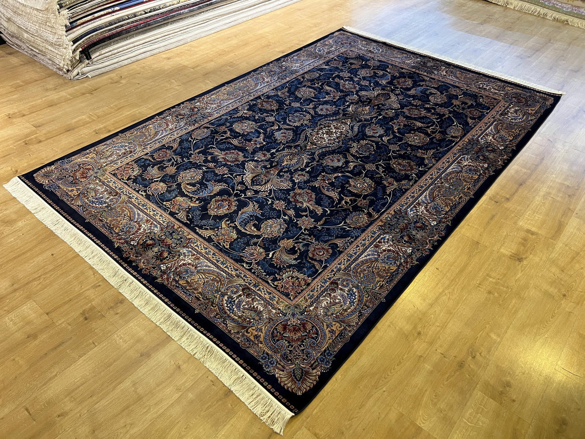 Dark Blue Silk Rug 6.5x9.8 ft, Traditional Turkish Carpet