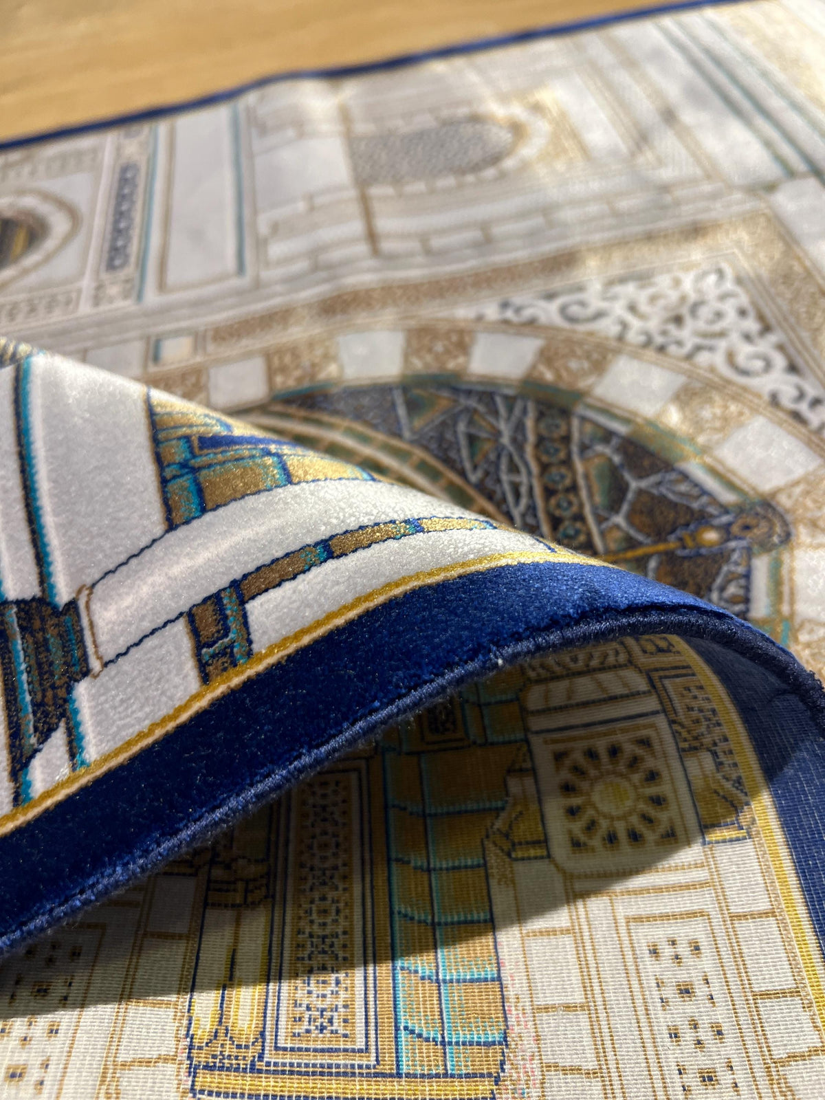 Gray Mosque Design Silk Prayer Rug with Blue Border