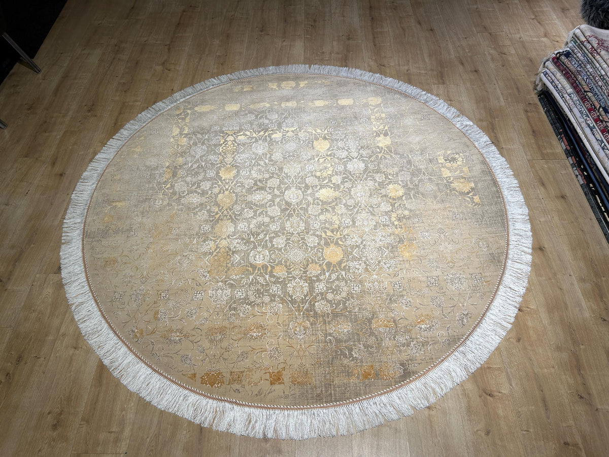 7x7 Ft Beige Gold Silk Rug, Distressed Floral Pattern Carpet