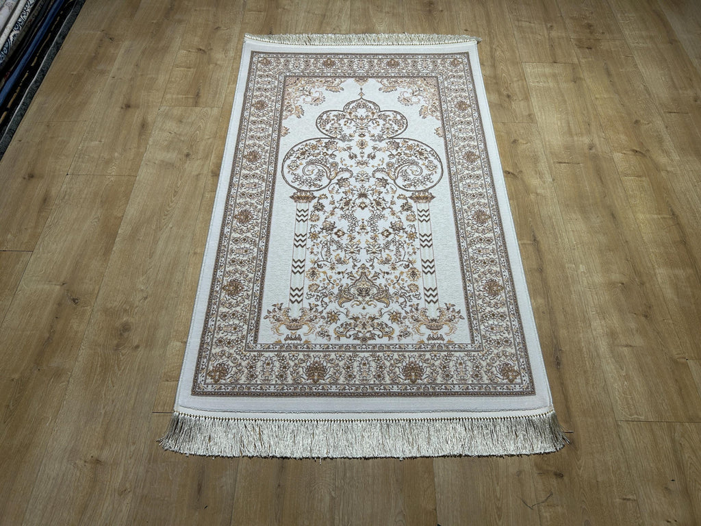 2.55x4.10 Ft Ivory Brown Silk Prayer Rug, Muslim Gift Prayer Mat