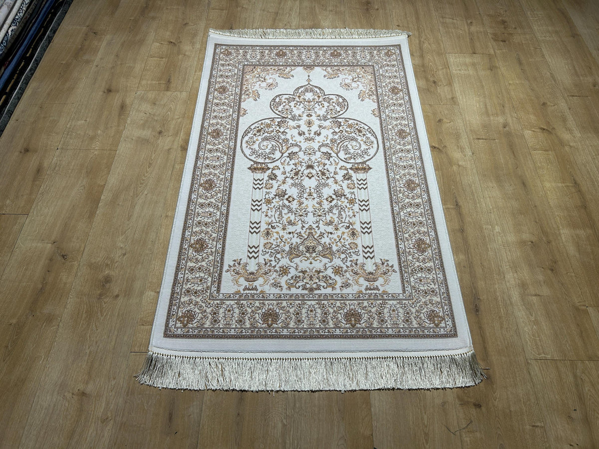 2.55x4.10 Ft Ivory Brown Silk Prayer Rug, Muslim Gift Prayer Mat