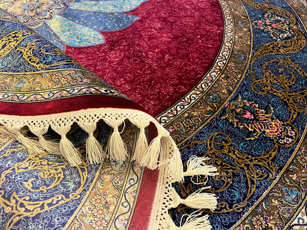 5x5 ft Round Red Silk Rug With Blue Medallion