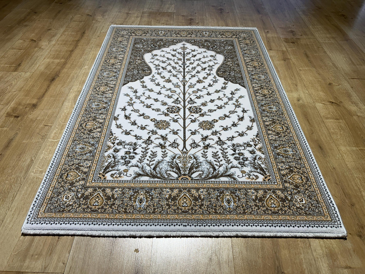 2.62x4 Ft Ivory Brown Floral Silk Prayer Rug, Muslim Gift Prayer Mat