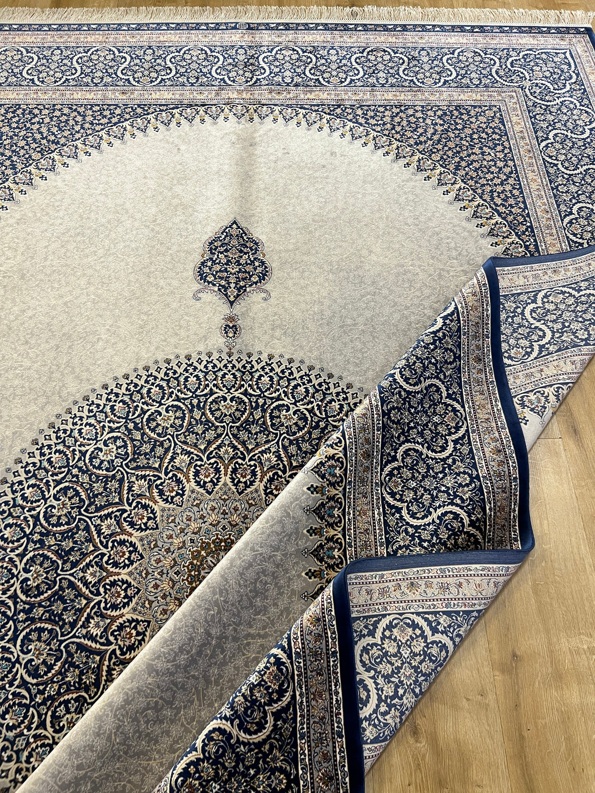 7x10 ft Grey Silk Rug, Navy Medallion and Border, Classic Design
