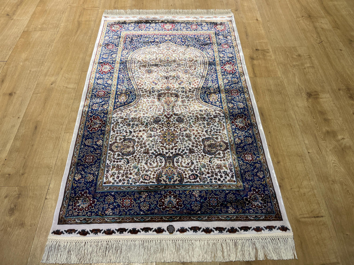 2.62x4.10 ft Ivory Silk Prayer Rug with Navy Border, Floral Design