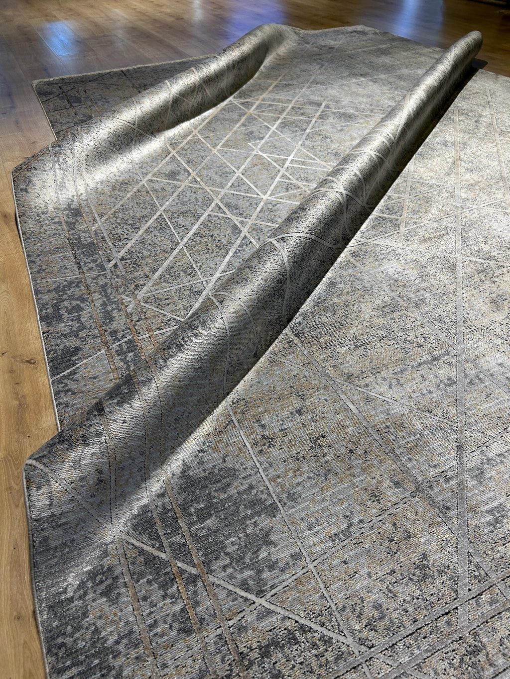 Gray Gold Bamboo Rug, Geometric Striped Pattern, Abstract Modern Area Rug