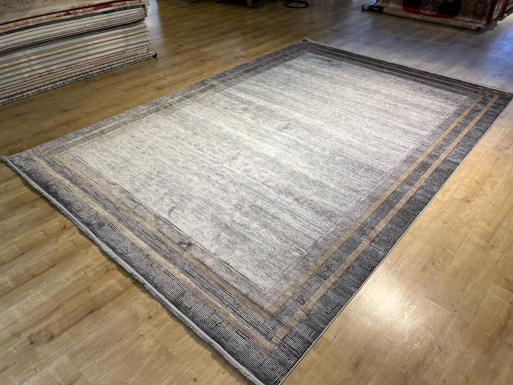 8x11 ft Gray Modern Bamboo Rug with Gold Border Design
