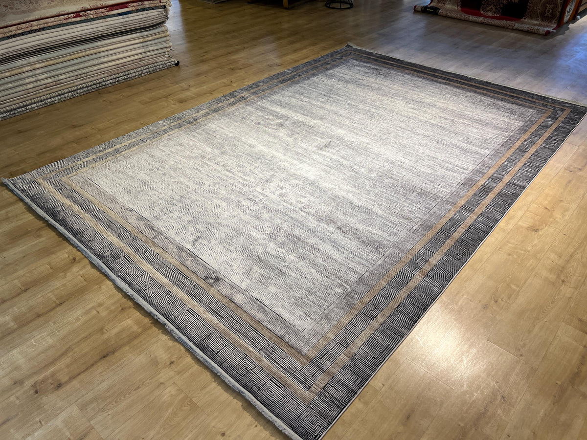 8x11 ft Gray Modern Bamboo Rug with Gold Border Design