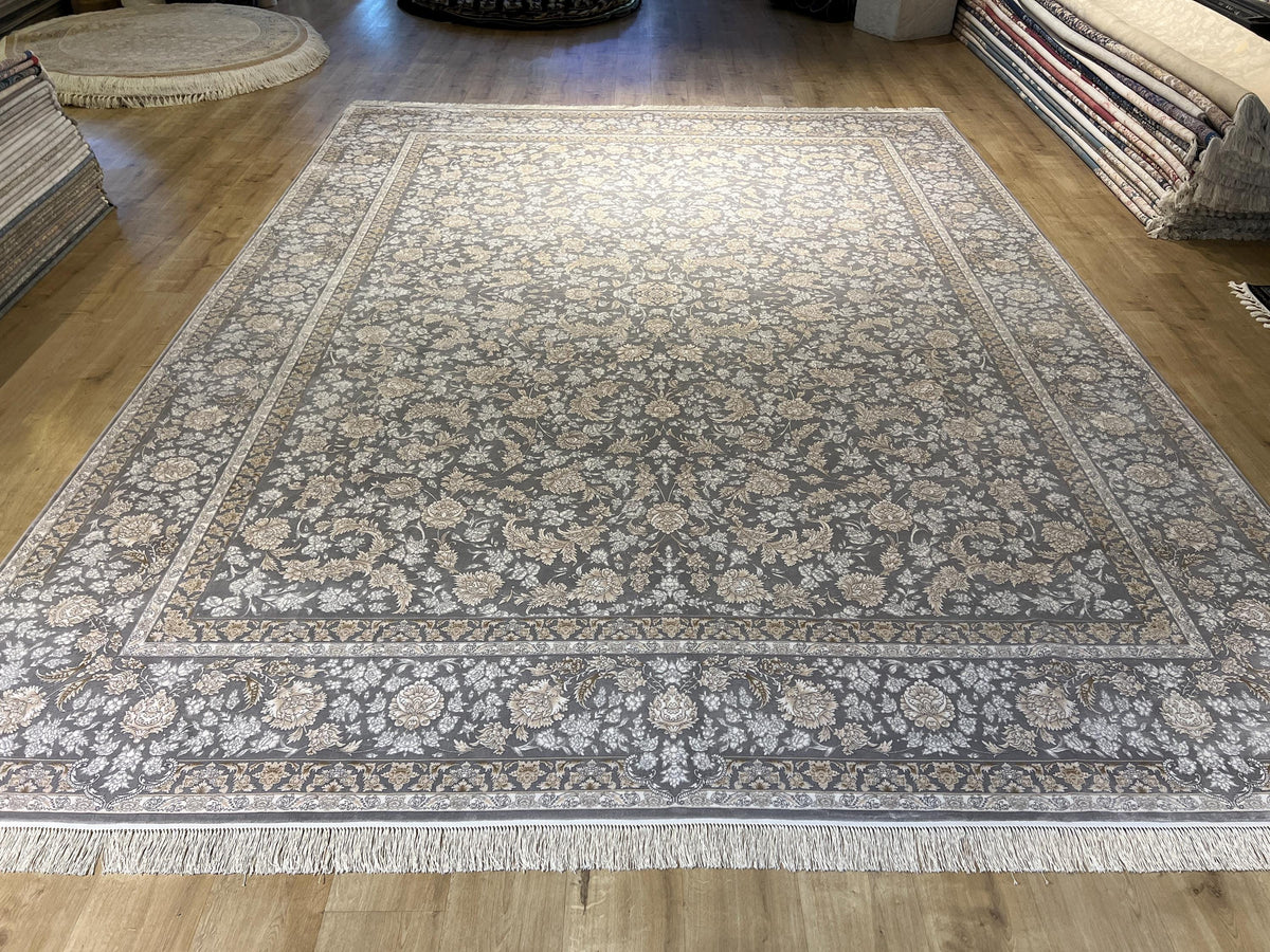 10x13 ft Gray Classic Silk Rug with Beige Floral Motifs, Big Silk Carpet