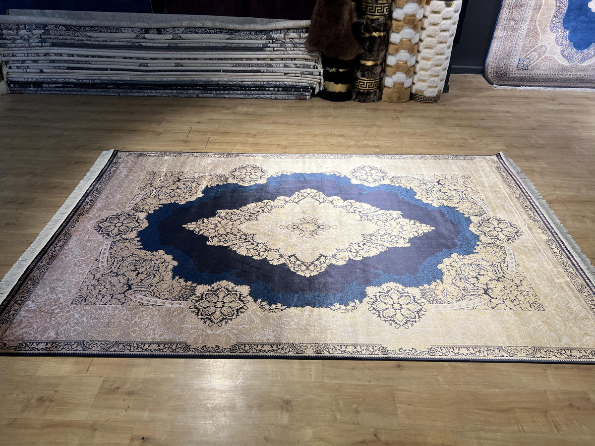 7x10 ft Navy Silk Rug, Gold Medallion and Border, Luxury Turkish Style