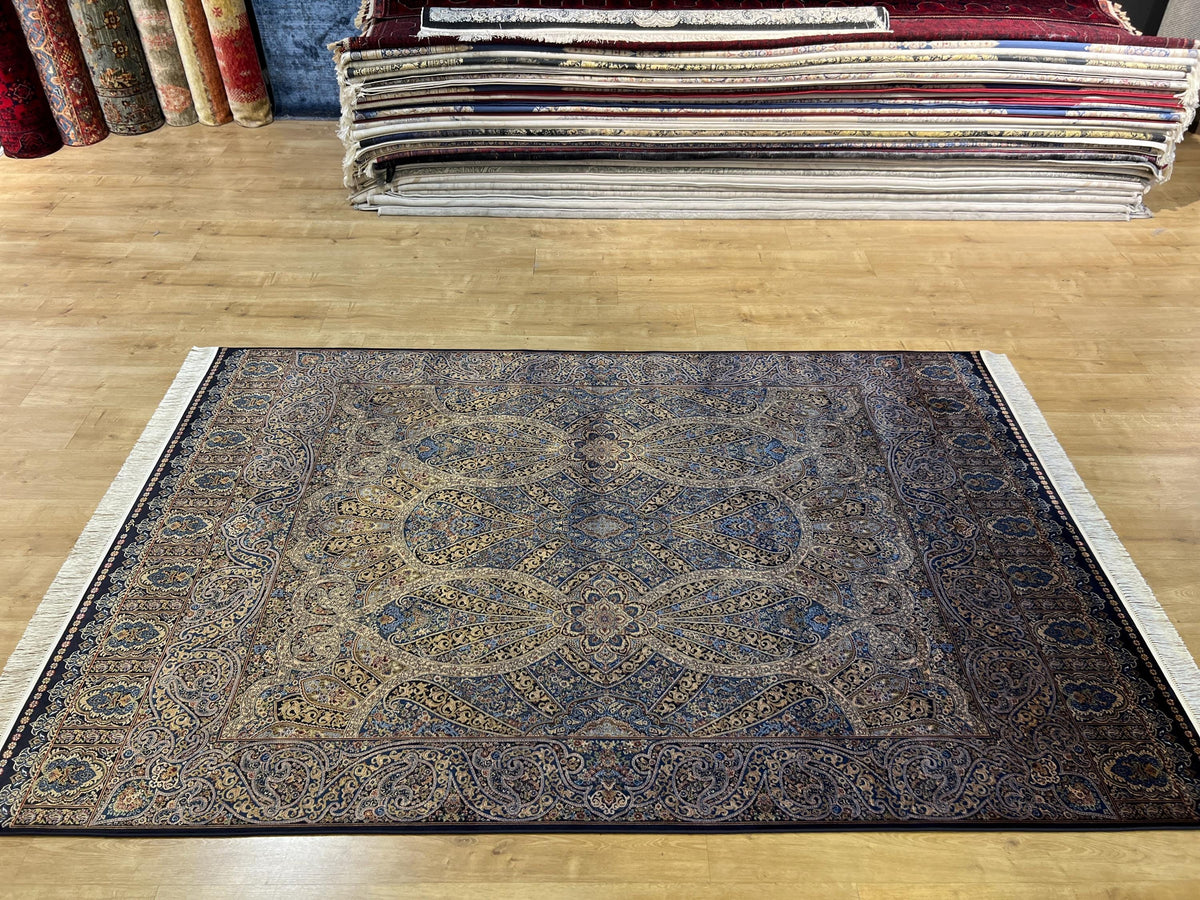 5x8 ft Blue Gold Silk Rug, Classic Turkish Carpet, Luxury Floral Design, Area Rug