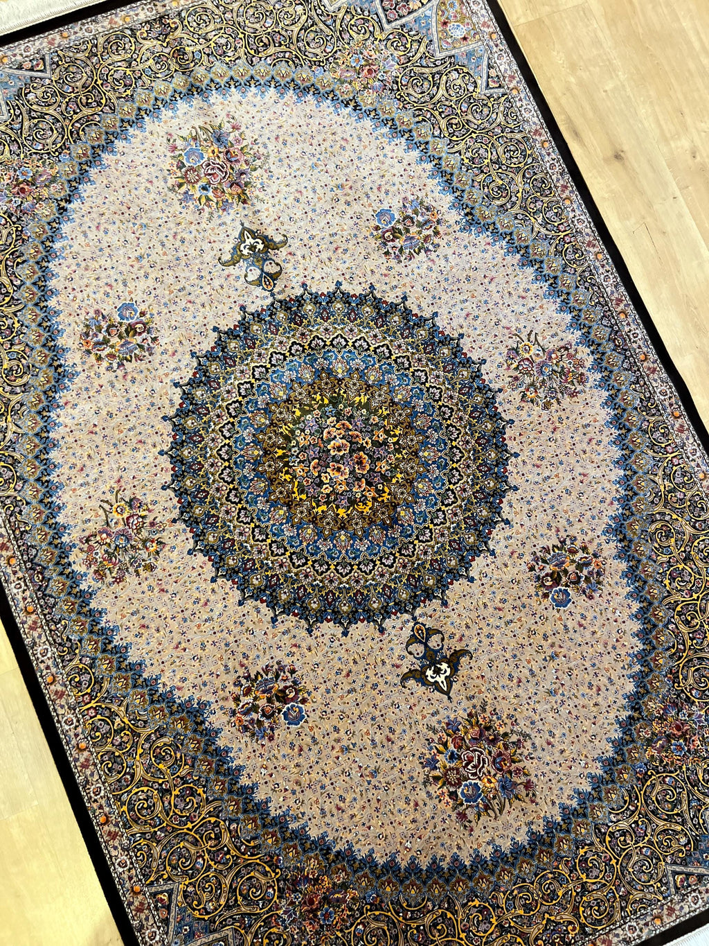5x8 ft Brown Blue Silk Rug, Classic Medallion Design, Turkish Style Home Decor