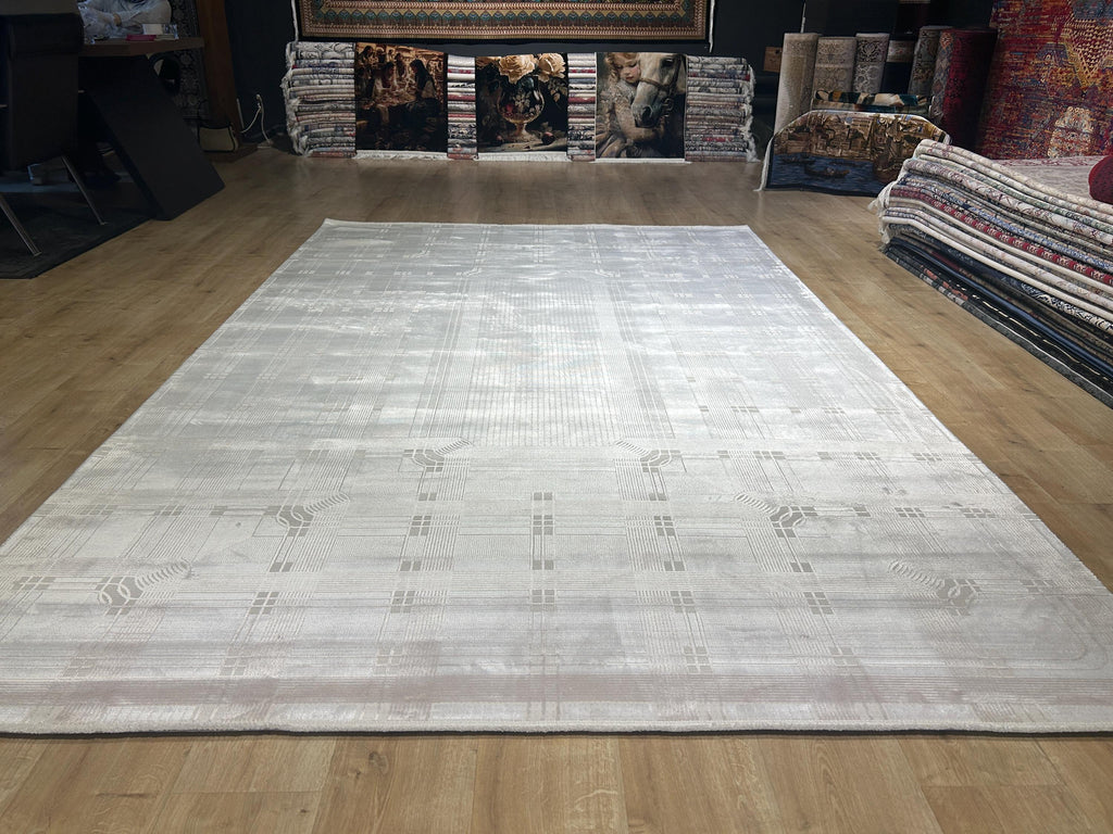 Beige Cream Bamboo Rug, Striped Minimalist Modern Rug, Oversize Carpet