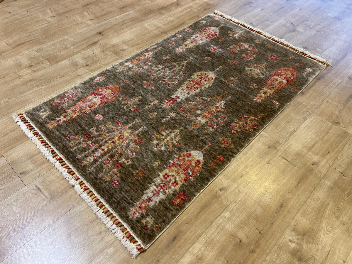 3x5 ft Green Carpet, Anatolian Style, Turkish Nostalgia Rug, Tree Pattern Rug