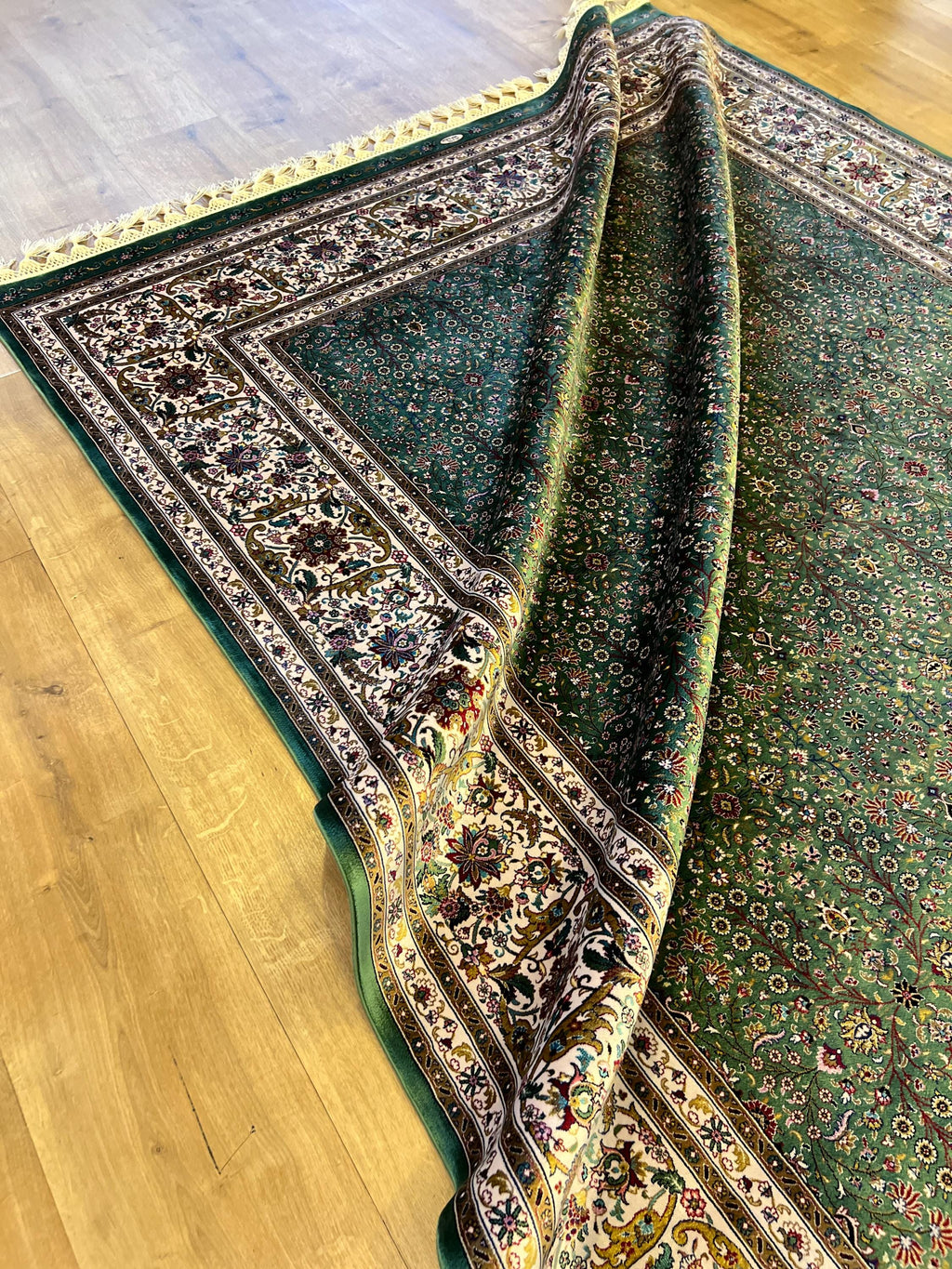 Green Floral Silk Rug with Ivory Frame Classic Turkish Design