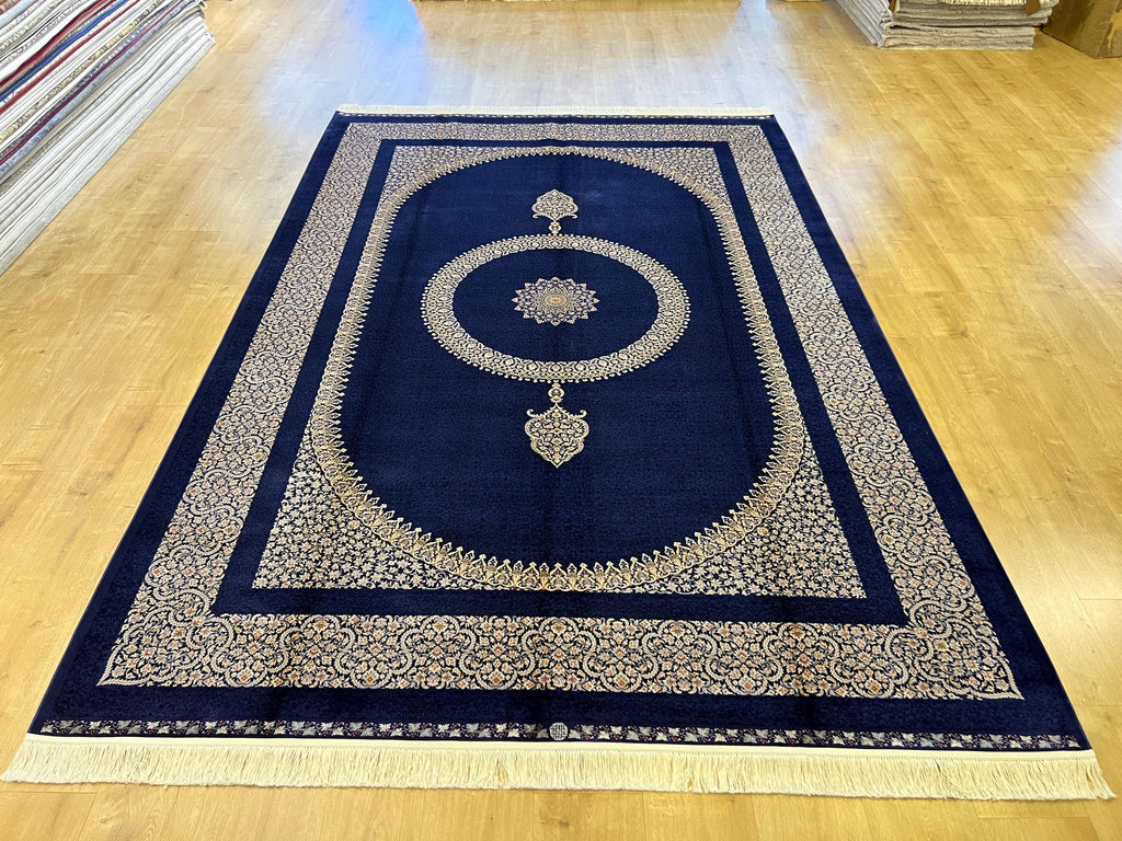 7x10 ft Navy Silk Rug with Grey Medallion and Border, Classic Luxury Home Decor