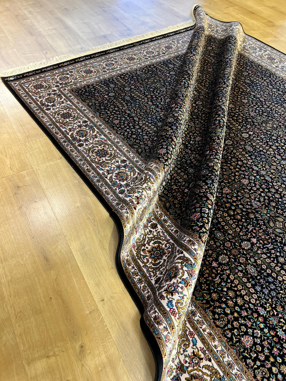 5x8 ft Black Floral Modal Silk Rug, Turkish Style Home Decor
