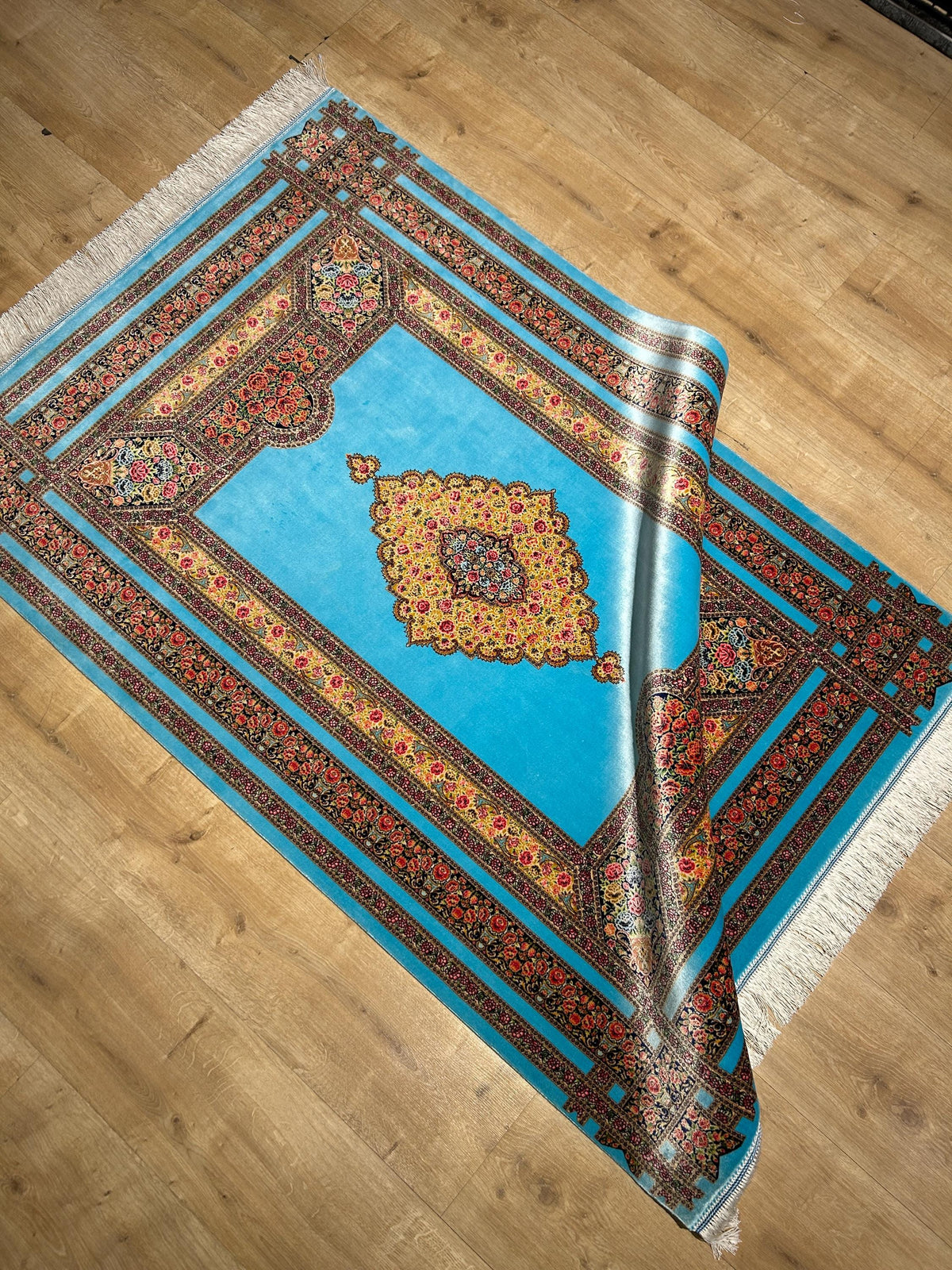 Blue Silk Rug, Floral Medallion and Border Design Classic Luxury Silk Carpet
