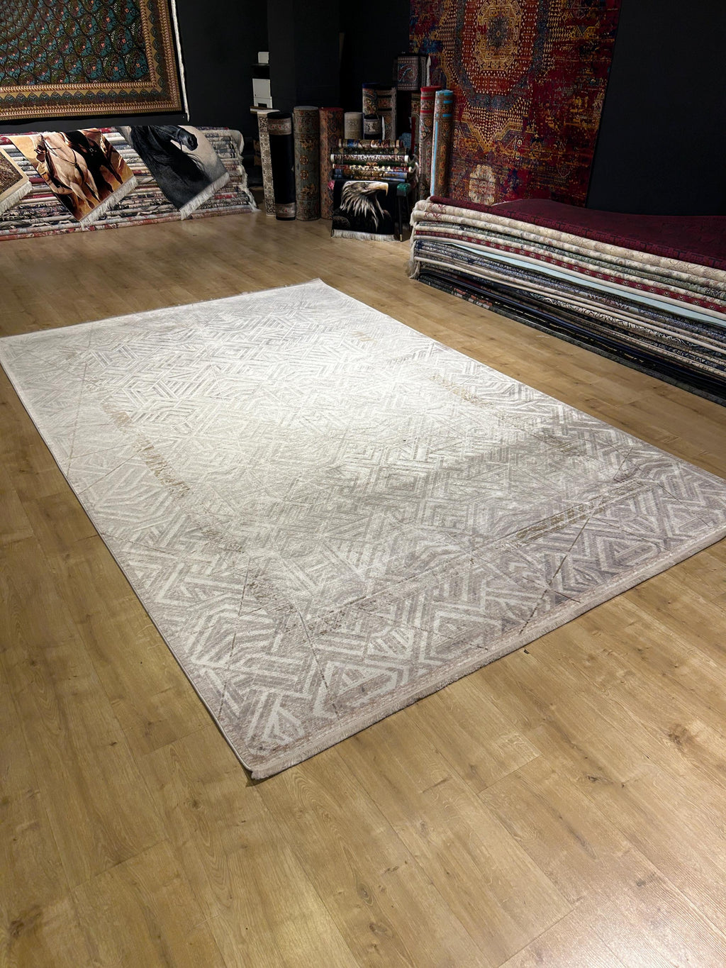 7x10 Ft Gray Beige Geometric Pattern Bamboo Rug, Bamboo Carpet, Modern Home Decor