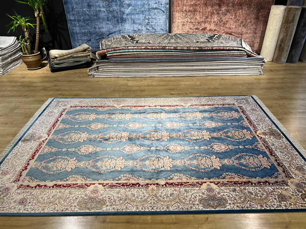 7x10 ft Blue Gold Silk Rug, Framed Classic Design, Turkish Style Carpet