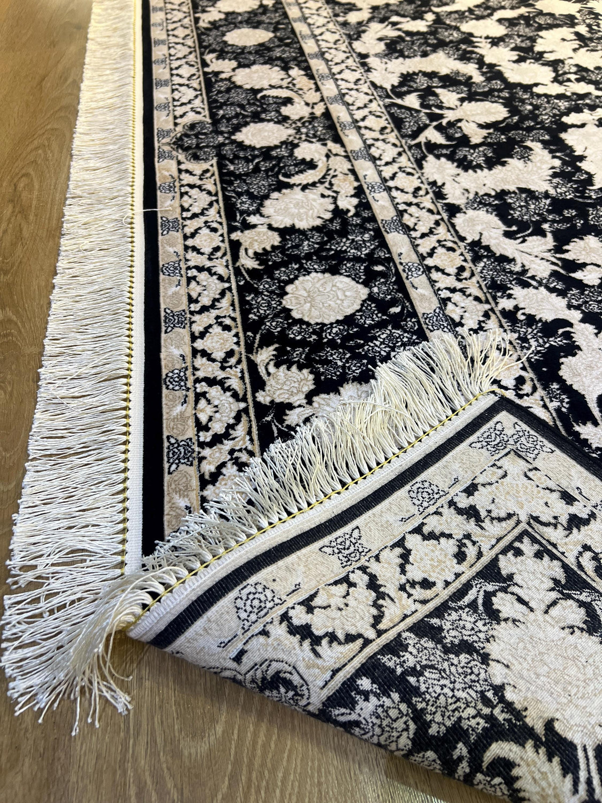 Black Classic Silk Rug with Gold Floral Motifs, Luxury Silk Carpet