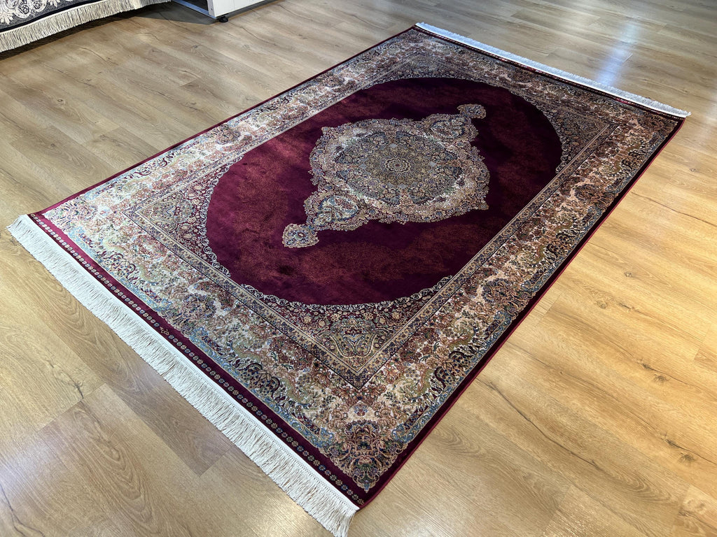 5x8 ft Red Silk Rug, Gold Green Floral Medallion, Elegant Turkish Carpet