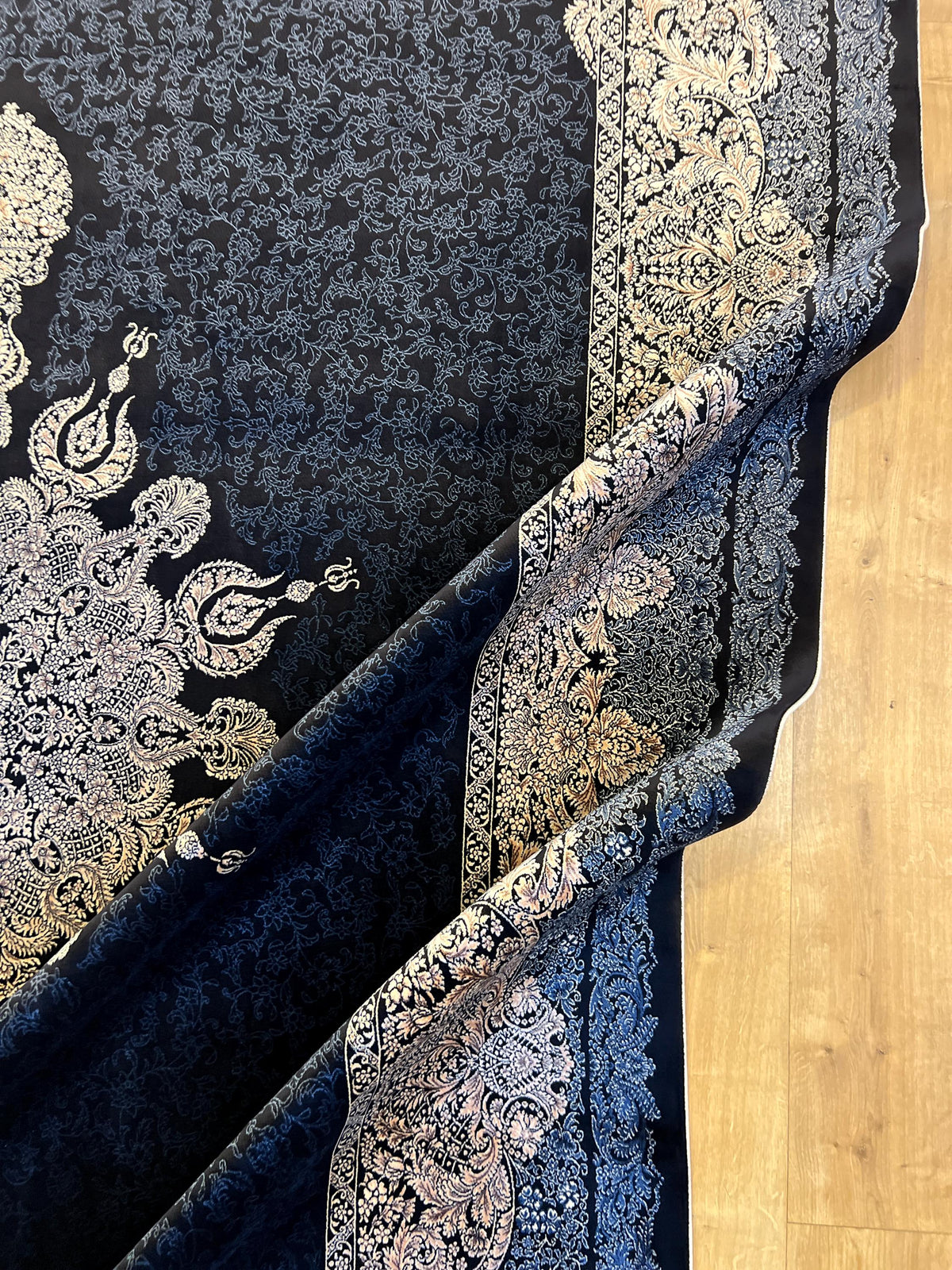 7x10 ft Navy Silk Rug, Classic Medallion Design, Luxury Turkish Carpet