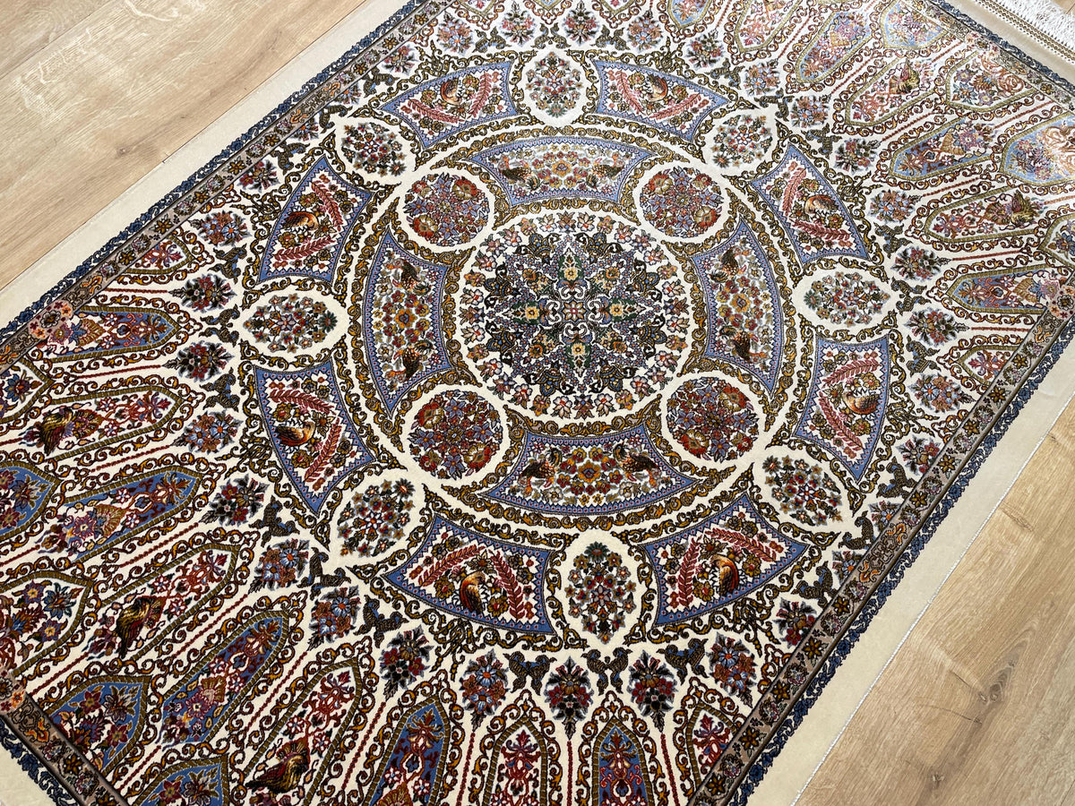Cream Small Silk Rug, Ornate Medallion Silk Mat, Luxury Home Decor
