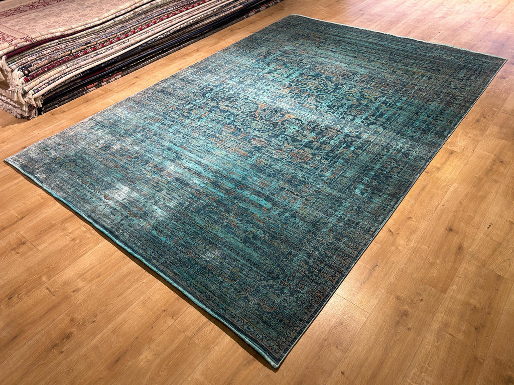 7x10 ft Turquoise Bamboo Rug, Distressed Pattern, Modern Rug