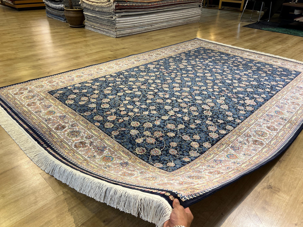 7x10 ft Blue Silk Bamboo Rug with Ivory Border and Gold Pattern, Classic Design