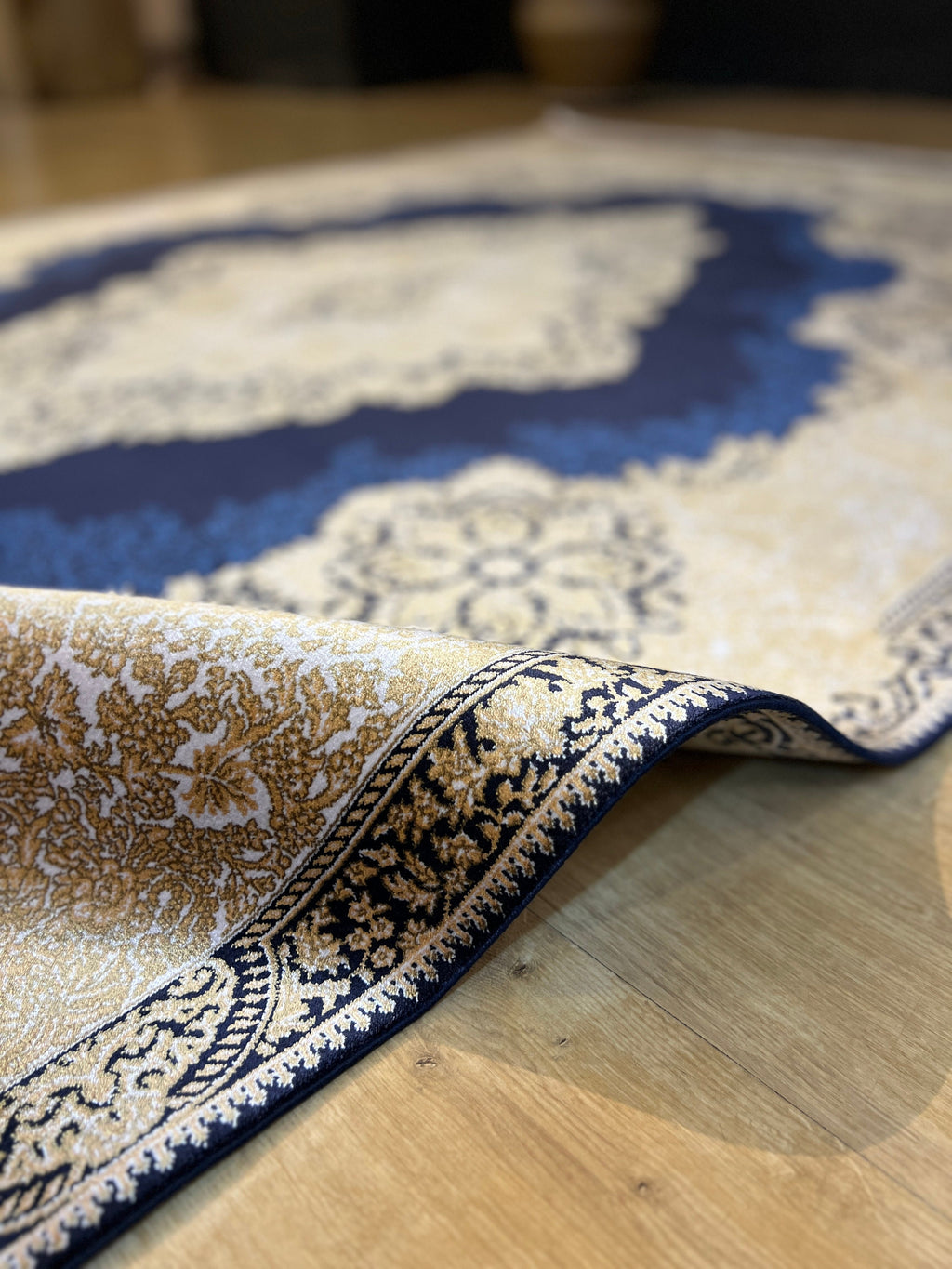 5x8 ft Dark Blue Silk Rug, Gold Medallion Design, Luxury Turkish Home Decor