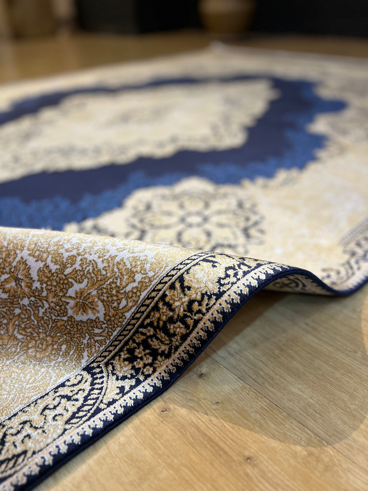 5x8 ft Dark Blue Silk Rug, Gold Medallion Design, Luxury Turkish Home Decor