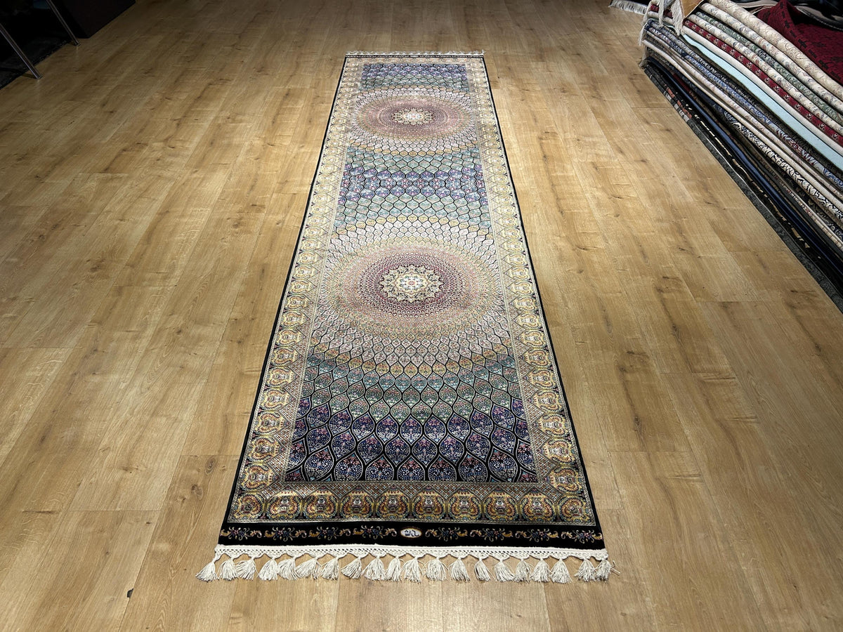 Blue Gold Silk Runner Rug, Medallion Peacock Tail Design Rug, Traditional Carpet