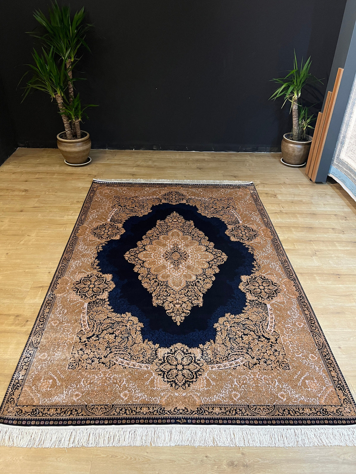 5x8 ft Dark Blue Silk Rug, Gold Medallion Design, Luxury Turkish Home Decor