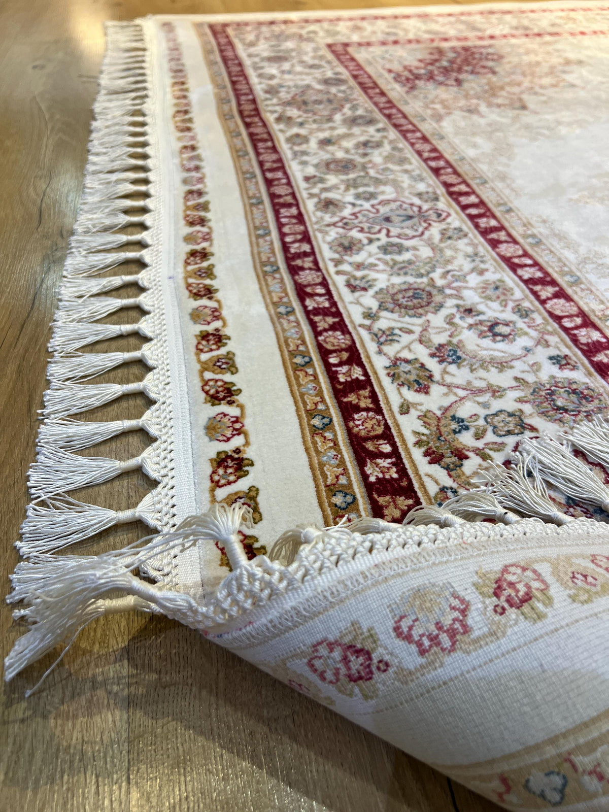 5x8 ft Ivory Bamboo Silk Rug, Red Medallion Classic Turkish Carpet