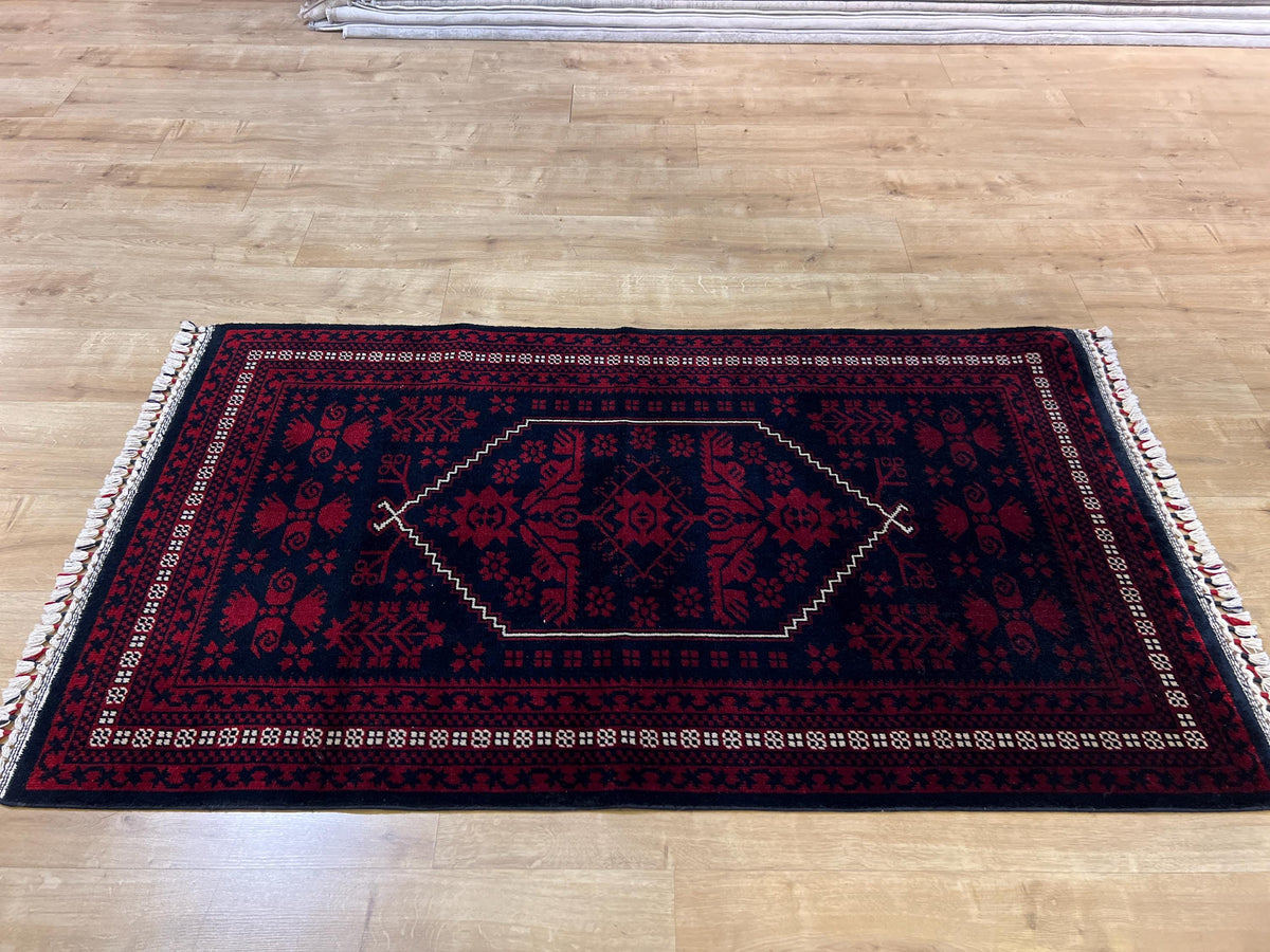 3x5 ft Dark Blue Red Carpet, Anatolian Style Rug, Turkish Pattern Carpet, Authentic Patterned