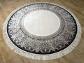 5x5 Ft Round Cream Silk Rug, Black Framed Border, Classic Luxury Turkish Rug