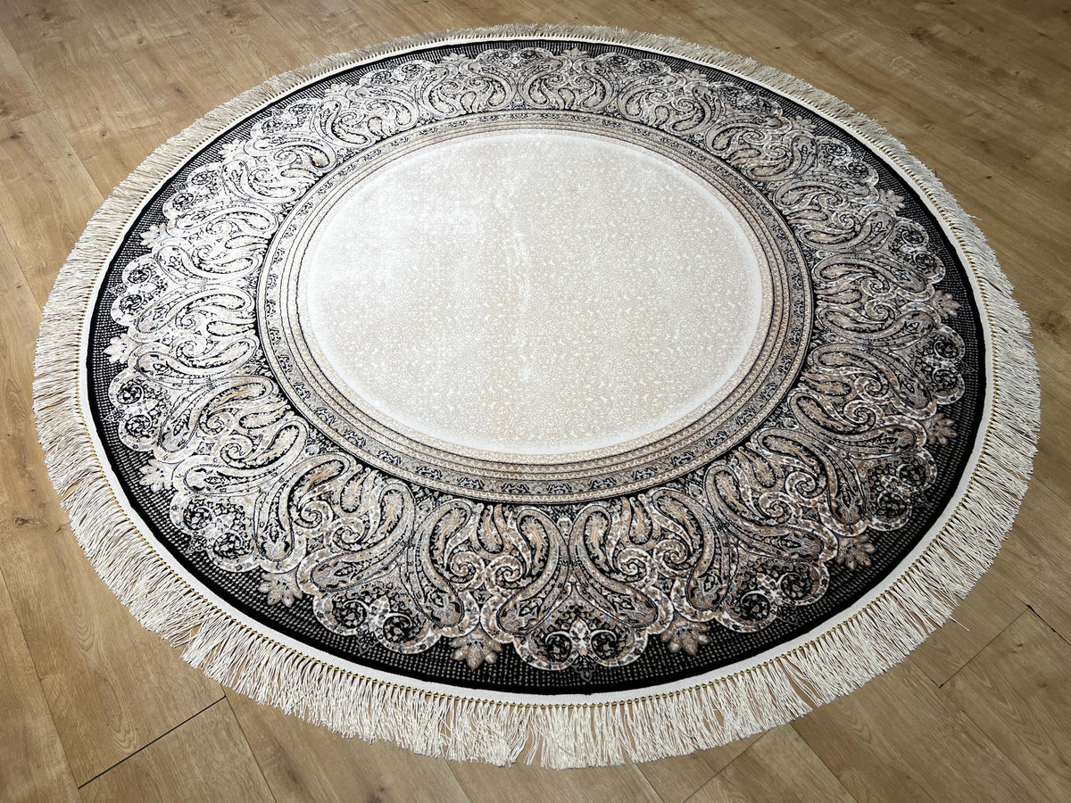 5x5 Ft Round Cream Silk Rug, Black Framed Border, Classic Luxury Turkish Rug