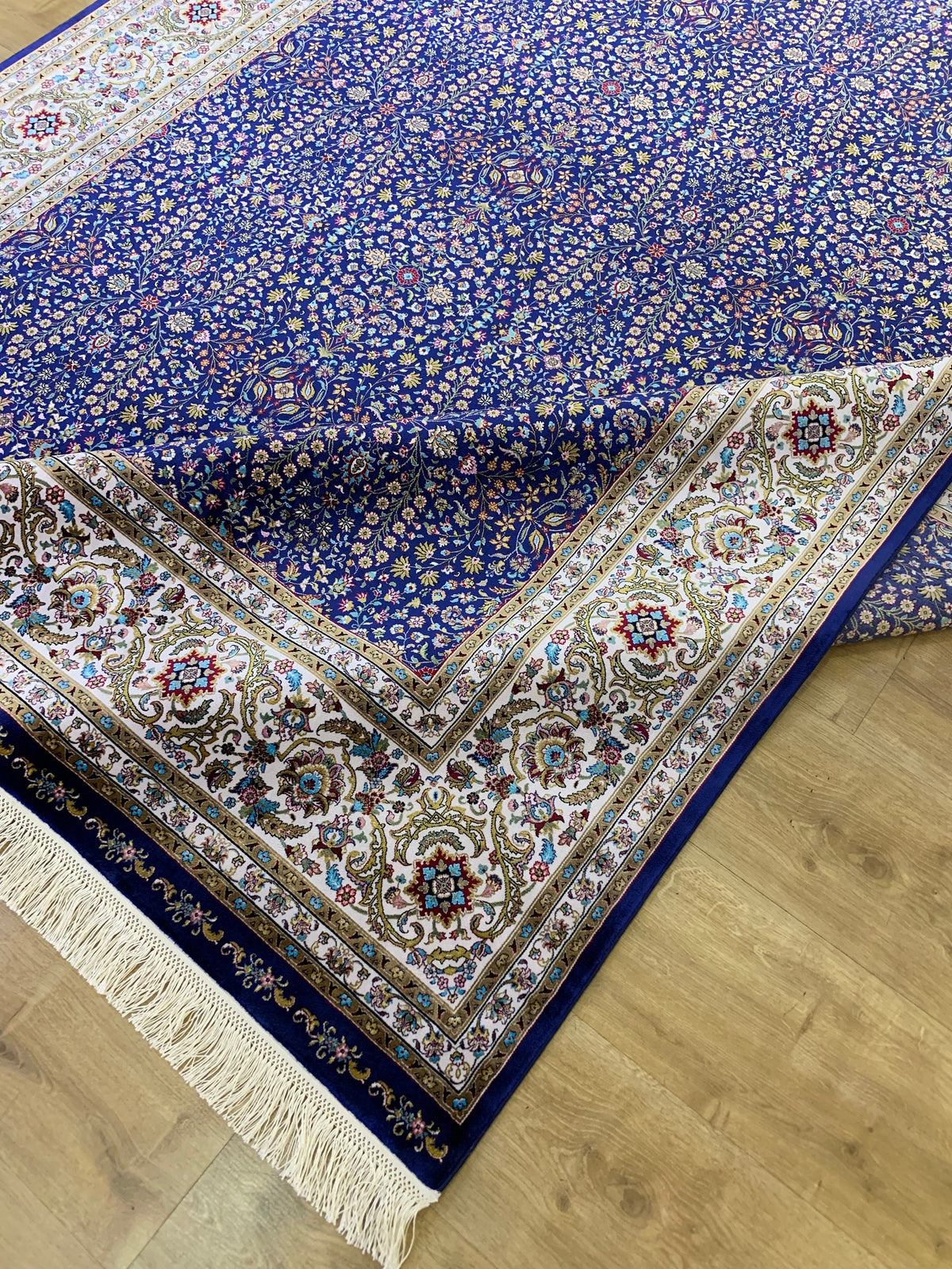 Blue Floral Silk Rug, Traditional Turkish Carpet, Luxury Home Decor