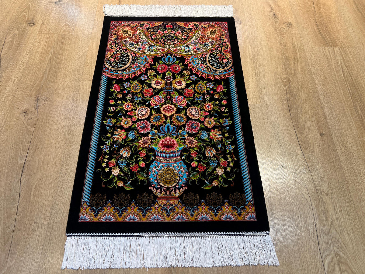 1.64x2.62 ft Black Floral Silk Tapestry Rug for Elegant Wall Decor