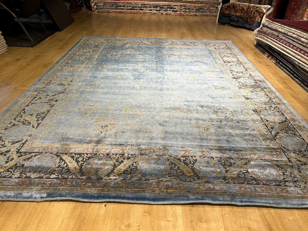 8x10 ft Blue Bamboo Rug, Distressed Pattern, Bordered Modern Rug