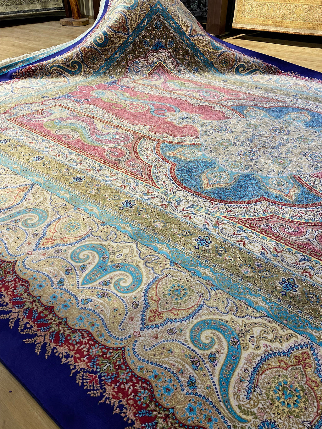 Pink Navy Medallion Design Silk Carpet, Turkish Style Carpet, Luxury Rug