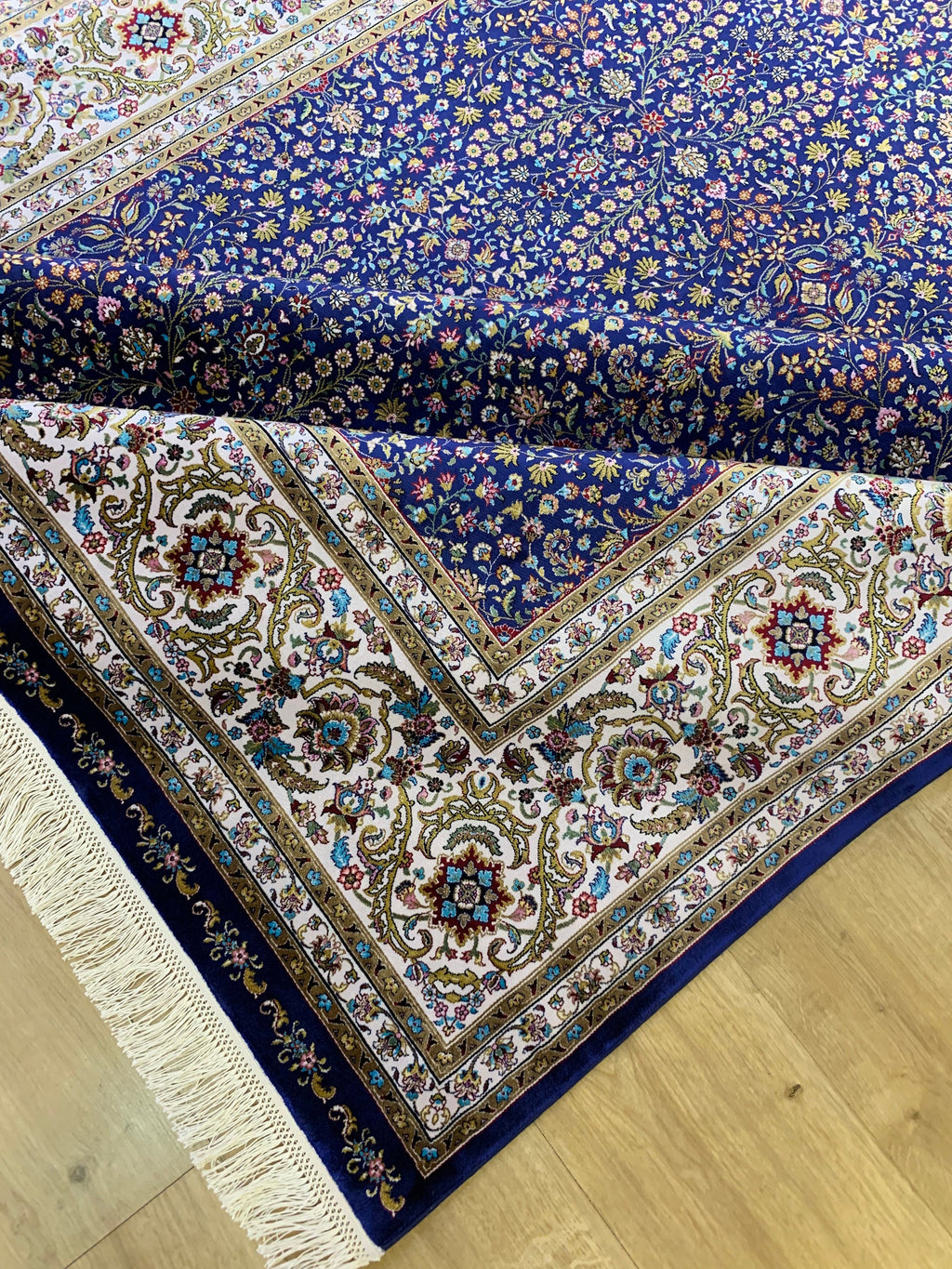 Blue Floral Silk Rug, Traditional Turkish Carpet, Luxury Home Decor