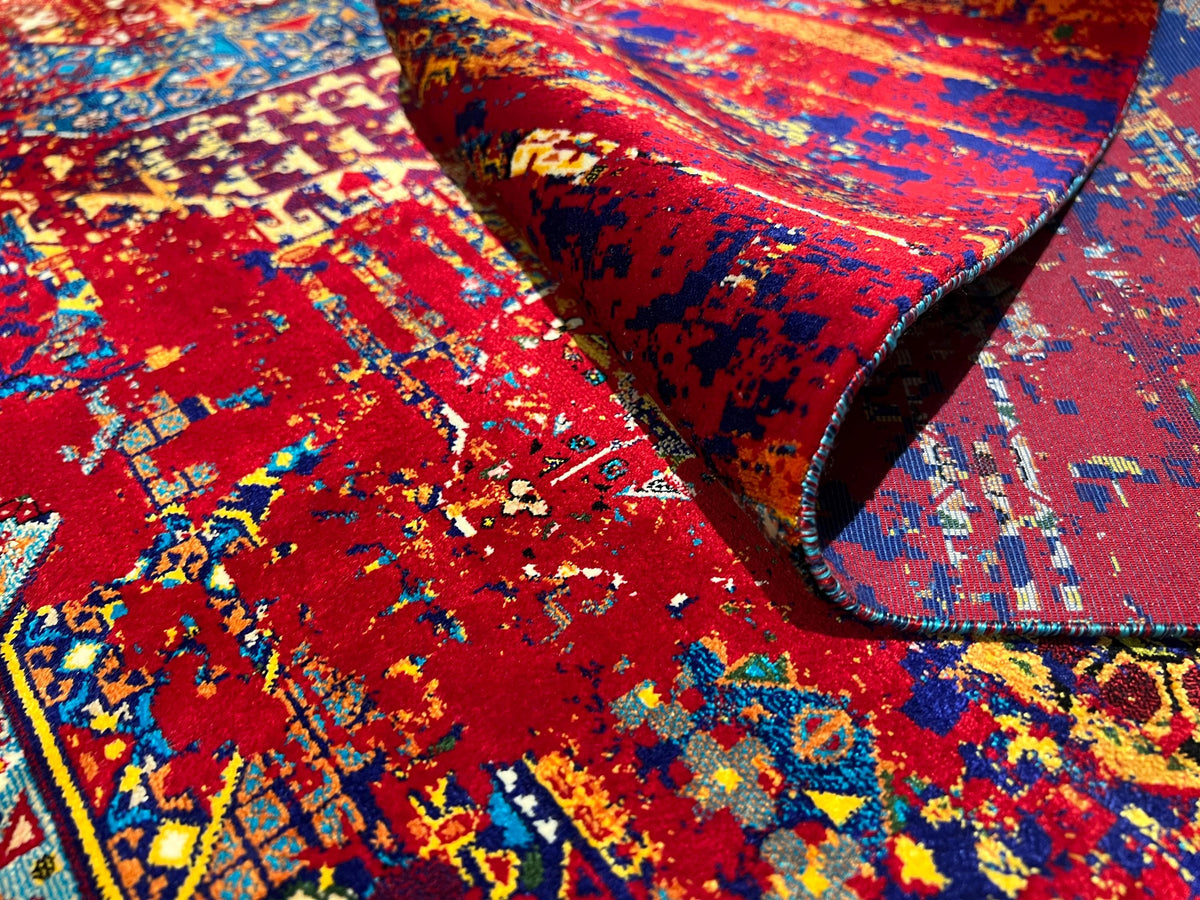 7x10 Ft Red Blue Colourful Silk Rug, Luxury Medallion Design, Traditional Pattern